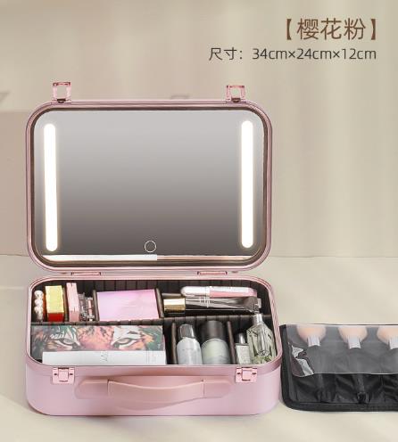 Large-capacity makeup artist cosmetics storage box with LED light and mirror