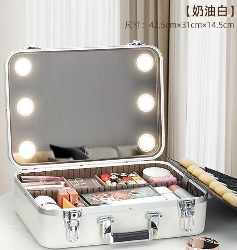 Large-capacity makeup artist cosmetics storage box with LED light and mirror