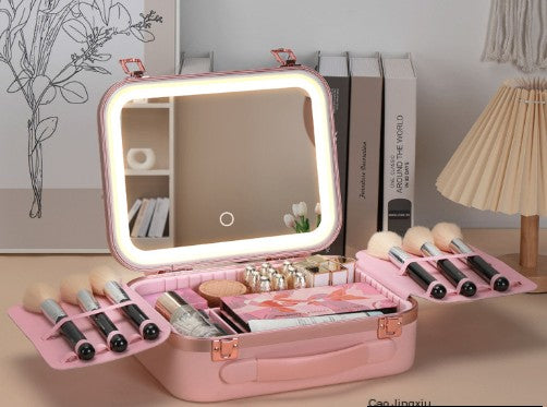 Large-capacity makeup artist cosmetics storage box with LED light and mirror