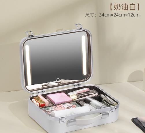 Large-capacity makeup artist cosmetics storage box with LED light and mirror