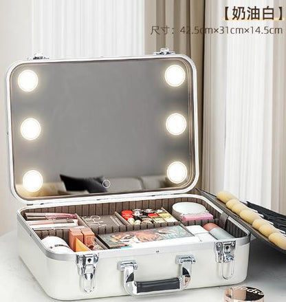 Large-capacity makeup artist cosmetics storage box with LED light and mirror