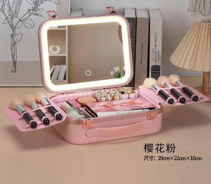 Large-capacity makeup artist cosmetics storage box with LED light and mirror